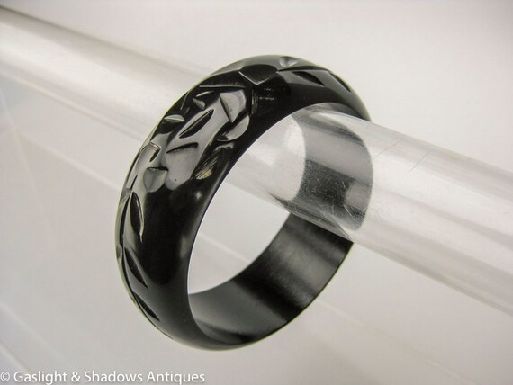 Black Bakelite Vintage Carved Bracelet Bangle - image 2