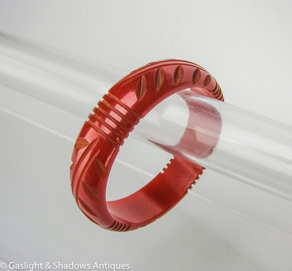 Red Carved Bakelite Vintage Bracelet Bangle - image 1