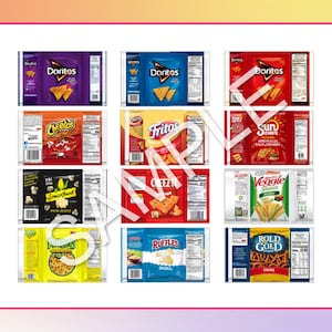 May include: A collage of 12 different snack food bags, including Doritos, Cheetos, Fritos, Sun Chips, Smartfood, Cheez-Its, Veggie Straws, Ruffles, and Rold Gold. The bags are all different colors and feature various snack foods.