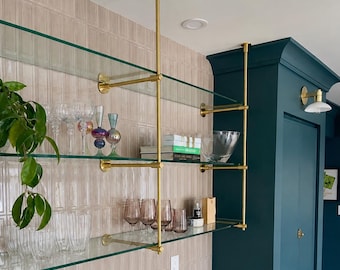 Solid Brass Bistro Shelving , Ceiling & Wall Mounted Shelf Brackets, Custom Kitchen Shelving , Brass Hardware