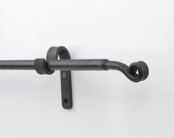 Wrought Iron Curtain Rod With Finials And Wall Supports, Wide Curtain Rods, Black Hand-Forged Curtain Pole For Drapery