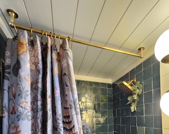 Custom Ceiling Mounted Shower Curtain Rod with S Hooks, Ceiling Support Curtain Pole
