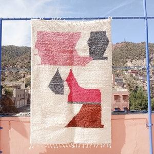 White And Pink Berber Area Rug - Wool Abstract Rug - Moroccan Area Rug  - ABB21375