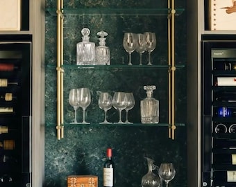 Ceiling Mounted Brass Bistro Shelving with Glass Shelves,  15" Deep Kitchen Shelf | Wine Display & Coffee Bar Shelf