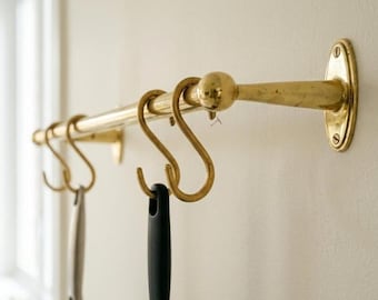 Handmade Solid Brass Pot Rail with S Hooks,  Kitchen Utensil Hanging Rail, Wall Mounted Brass Storage Bar