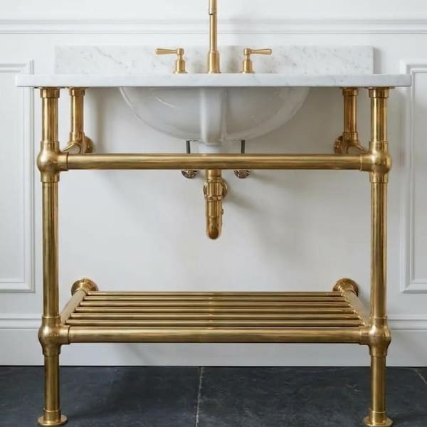 Consola de lavabo de latón, estructura de lavabo vintage con estante solamente, patas de latón macizo, base de tocador de baño, envío DDP