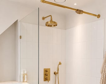 Brass Shower Curtain Rod for Sloped Ceiling, Adjustable Ceiling Support Bracket, Wall Mounted Custom Shower Rail