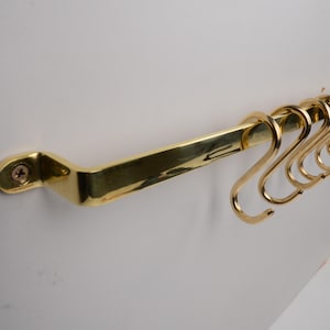 Unlacquered Brass Pot Rack, Flat Kitchen Pot Rail With S-Hooks, Wall and Ceiling Hanging Rod With Brass Hooks, Kitchen Organization Rail