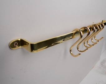 Vintage Brass Kitchen Utensil Rack with S Hooks, Wall Mounted Pot Pan Organizer