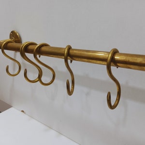 Rustic Sturdy Unlacquered Brass Hanging Bar with 16mm Rod and S-Hooks for Pan, Pot, and More Storage