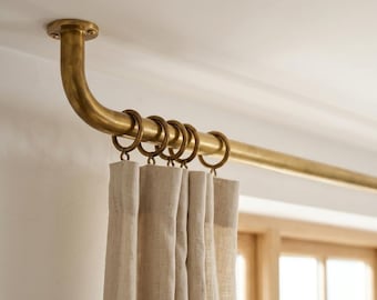 Ceiling Curtain Rod – French Return Curtain Rod With Brass Rings, Unlacquered brass