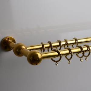Double Brass Curtain Rod With Rings, Solid Brass Double Curtain Holder For Elegant Drapery