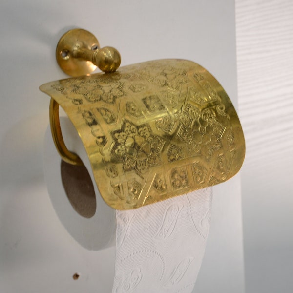 Vintage Brass Toilet Paper Holder, Ornamented Toilet Roll Hanger in Unlacquered Brass Finish
