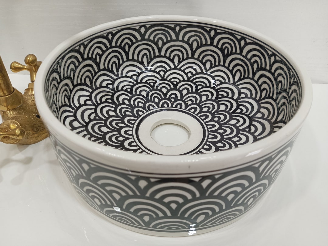 Black and White Vessel Sink Made of Premium Ceramic Etsy