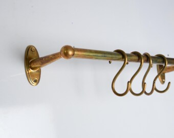 Solid Brass Pot Rail 16mm with S Hooks,  Wall Mounted Kitchen Rail, Handcrafted Pot Hanger