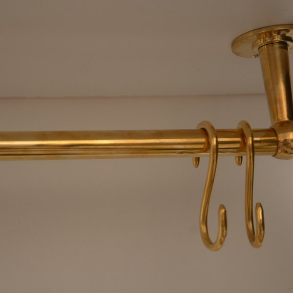 Rustic Ceiling Hanging Rack With S Hooks, Uncoated Solid Brass Ceiling Hanging Rod