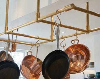 Unlacquered Brass Hanging Pot Rack, Ceiling Mounted Kitchen Pot Rack