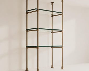 Floor to Ceiling Bronze Brass Shelving with Glass, 3-Shelf Display Unit – 30" Wide