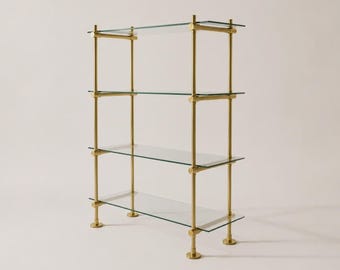 Freestanding Brass Shelving With Glass – 40" W × 50" H × 15" D, 4 Shelves