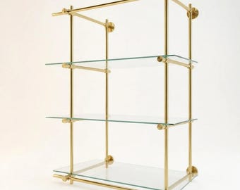 Wall Mounted Brass Shelving With Glass, 35 inches x 50 inches x 10 inches, 3 Shelves 1 Bay