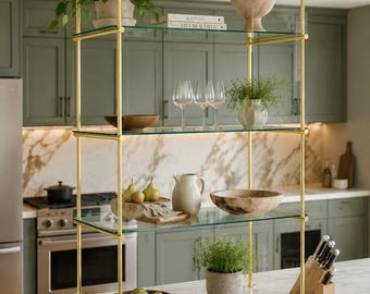 Brass Bistro Shelving, Ceiling & Countertop Glass Shelf, Kitchen Island Display | Custom Brass Shelves