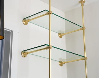 Solid Brass Bistro Shelving with Glass Shelves, Ceiling & Wall Mounted Bar Shelf, Kitchen Display Shelving | Custom Brass Shelf