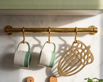 Handmade Brass Kitchen Pot Rail with S Hooks
