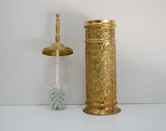 Brass Engraved Toilet Brush, Handcrafted Unlacquered Brass Bathroom Brush Holder