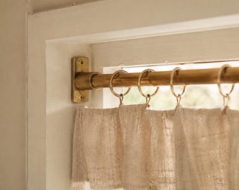 20mm Unlacquered Brass Cafe Curtain Rod Inside Mount, Solid Brass Window Rod with Rings, Brass Kitchen  Curtain Pole