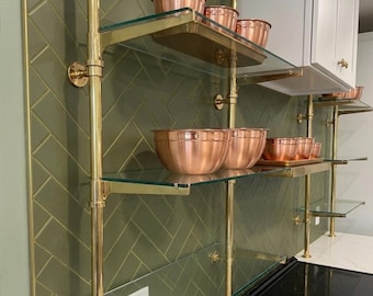 Brass Bistro Shelving, Kitchen Open Shelving, Unlacquered Brass Display Shelving