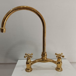 Kitchen Wide Bridge Faucet, Special Design, Unlacquered Brass, Vintage Brass Faucet With Arched Bridge, Perfect For Farmhouses And Old Homes