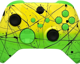 Amarillo y verde con inserciones verdes a mano Airbrushed Fade Wireless Xbox Series X / S + Xbox One Custom Controller