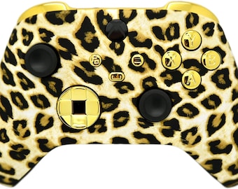 Mando inalámbrico personalizado para Xbox Series X/S y Xbox One con diseño de leopardo y detalles en cromo dorado