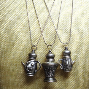 Vintage CHOICE PERFUME PENDANT - Choice Pewter Perfume Bottle/Dabber Vial Pendant Necklace: Sun & Moon Teapot, Rose Urn and Harlequin Teapot