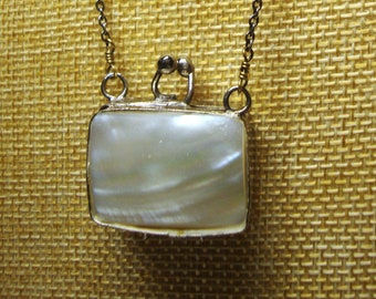 Vintage M.O.P. PURSE PENDANT NECKLACE - Miniature Mother of Pearl Purse Pendant, 33" Long Beaded Chain Necklace - Silver Plated - Kiss-Lock