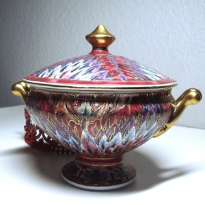 Vintage TOYO CANDY DISH - Multicolor Porcelain Leaf Motif Lidded Candy Dish, Pedestal Base, Gold Handles and Knob - 6&quot; High - By Toyo, China