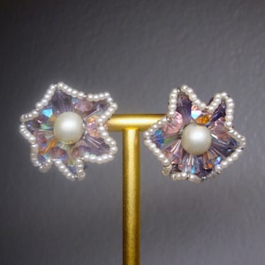 Vintage VENDOME CLIP EARRINGS - Faux Pearls & Faceted Iridescent Crystal Beaded Clip On/Screw-Tight Earrings - Silver Tone Setting - Signed