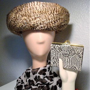 Vintage WILD PATTERN ACCESSORIES - Upturned Feather Brim Hat, Snake-Skin Embossed Leather Wallet & Black Spotted 62" Long Narrow Scarf