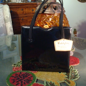 Vintage PATENT LEATHER WALDYBAG - New Old Stock w/ Original Tag, Shiny Black Handbag, Change Purse & Mirror