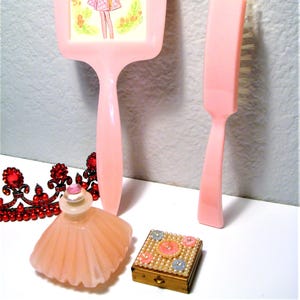 Vintage Pink Vanity Set: Hand Mirror, Brush, Perfume Bottle, Powder Compact