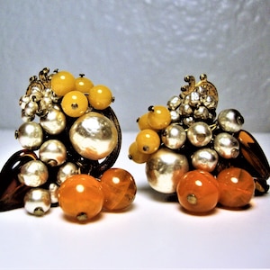 Vintage M.HASKELL BEADED EARRINGS - Cluster of Faux Baroque Pearls, Dark Heart & Orange Beaded Clip-On Earrings - Signed - By Miriam Haskell