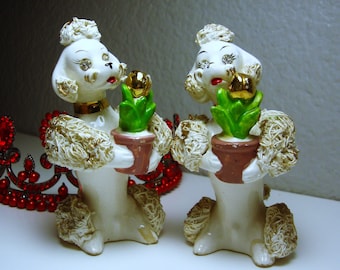 Vintage Spaghetti Poodle Figurines: White with Gold Tulips, Rhinestone Eyes