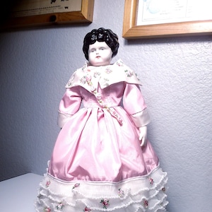 Vintage PORCELAIN DOLL in GOWN - Porcelain Victorian Reproduction 16&quot; Tall Doll – Painted Hair - Pink Floral Satin Gown with Ruffle & Sash