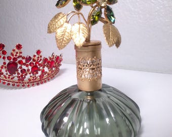 Vintage I.W. Rice Perfume Bottle: Green Ribbed Glass, Filigree Brass