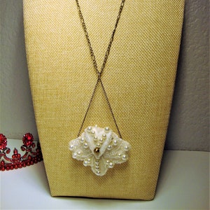 Vintage PEARL POUCH PENDANT - Miniature Unique Handmade Creamy-White Satin Pouch & Faux Pearl Pendant Antique Brasstone 25&quot; Chain Necklace