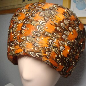 Vintage WOOL & FEATHER HAT - Orange Wool and Feathers Hat with Brown, White and Gold Bead Accents -  22&quot; Crown - Labeled Mr. John Classic