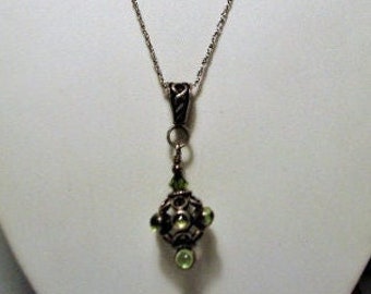 Vintage S.S. GREEN GLASS PENDANT - Green Glass &  Sterling Silver Conical Pendant - 17.5" Long Chain Necklace
