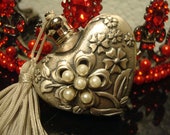 Vintage PEWTER HEART BOTTLE - Pewter Faux Pearls Heart Shaped Lay-Down Perfume Bottle w Tassel
