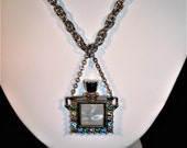 Vintage PERFUME PENDANT NECKLACE - Sweet Little Rhinestone Mother Pearl Perfume Pendant Necklace - Excellent Vintage Condition