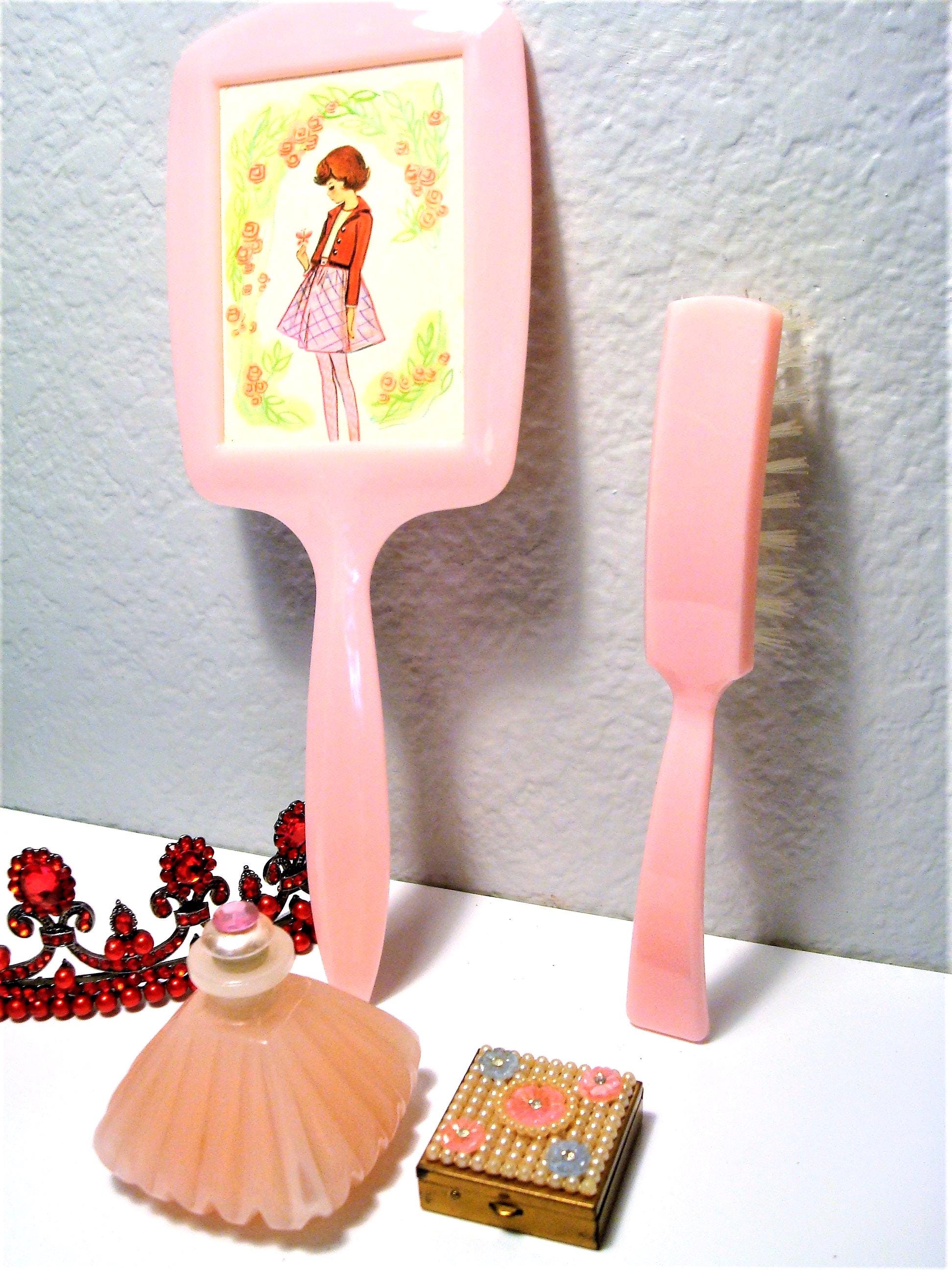 Vintage Green and Pink Vanity Mirror & Brush Set In Blue Fabric Covered Case Brush and Mirror Set Indiana Collectible Hand Mirrors for  main image 2